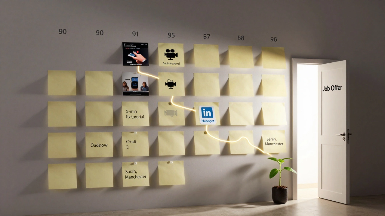 A 90-day progress wall with project proof and a growing plant leading to a job door.