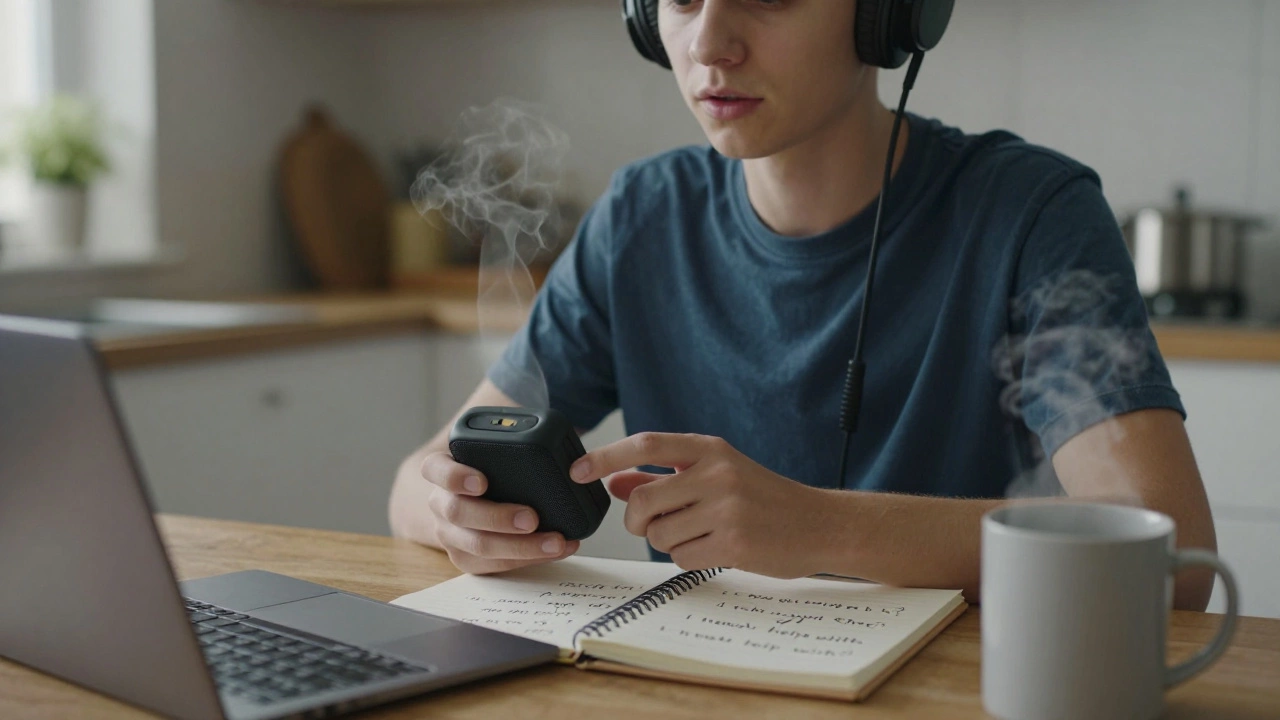 A beginner repeating English phrases at a kitchen table with notes nearby.