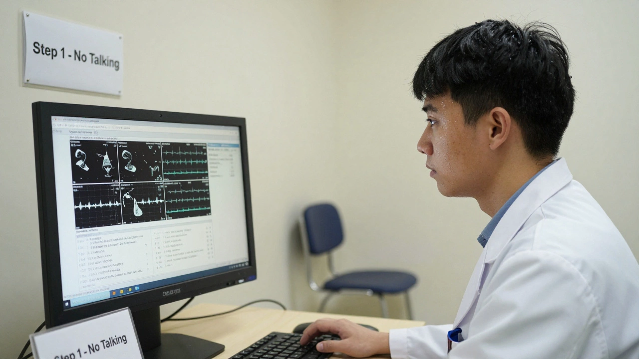 A candidate staring at a complex medical question on a computer screen in a silent testing center.