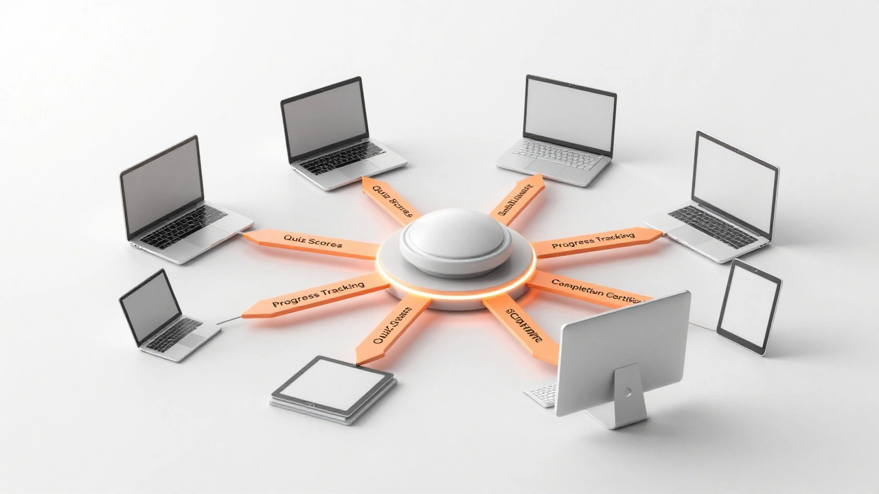 A central LMS hub connected by glowing arrows to multiple devices, illustrating SCORM data tracking.