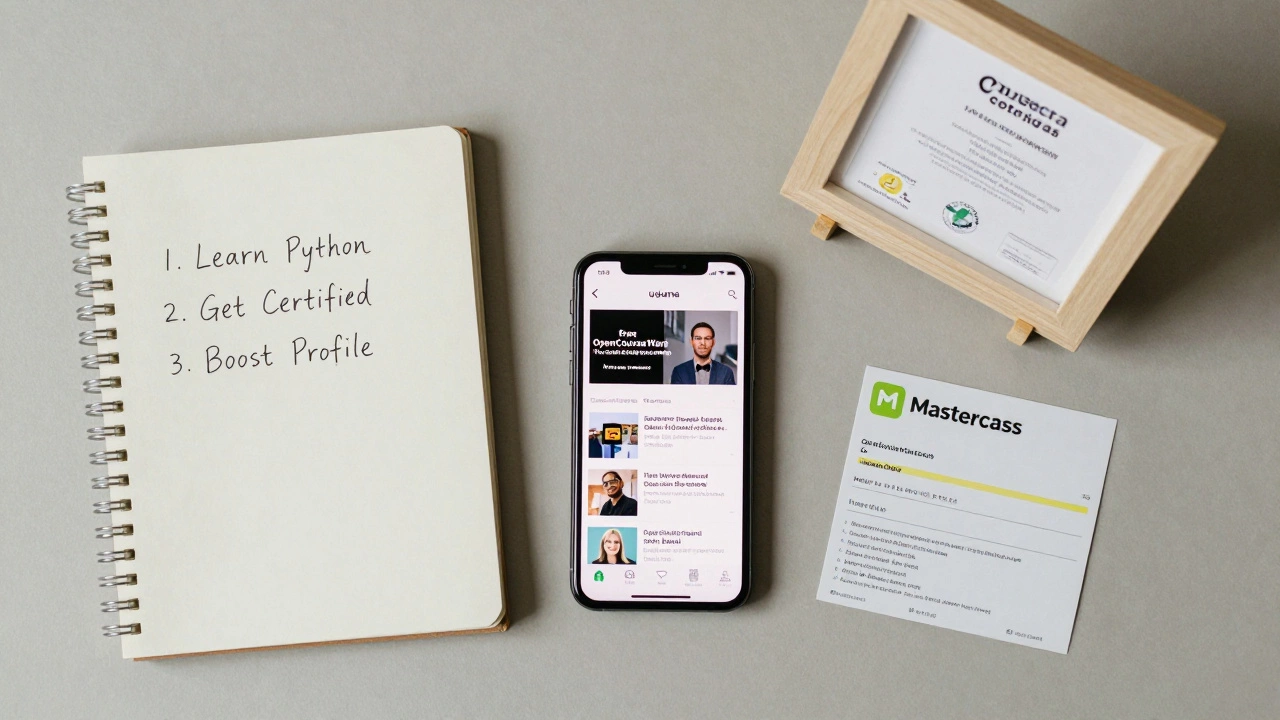 A desk with learning tools including certificates, receipts, and free course access for online education.