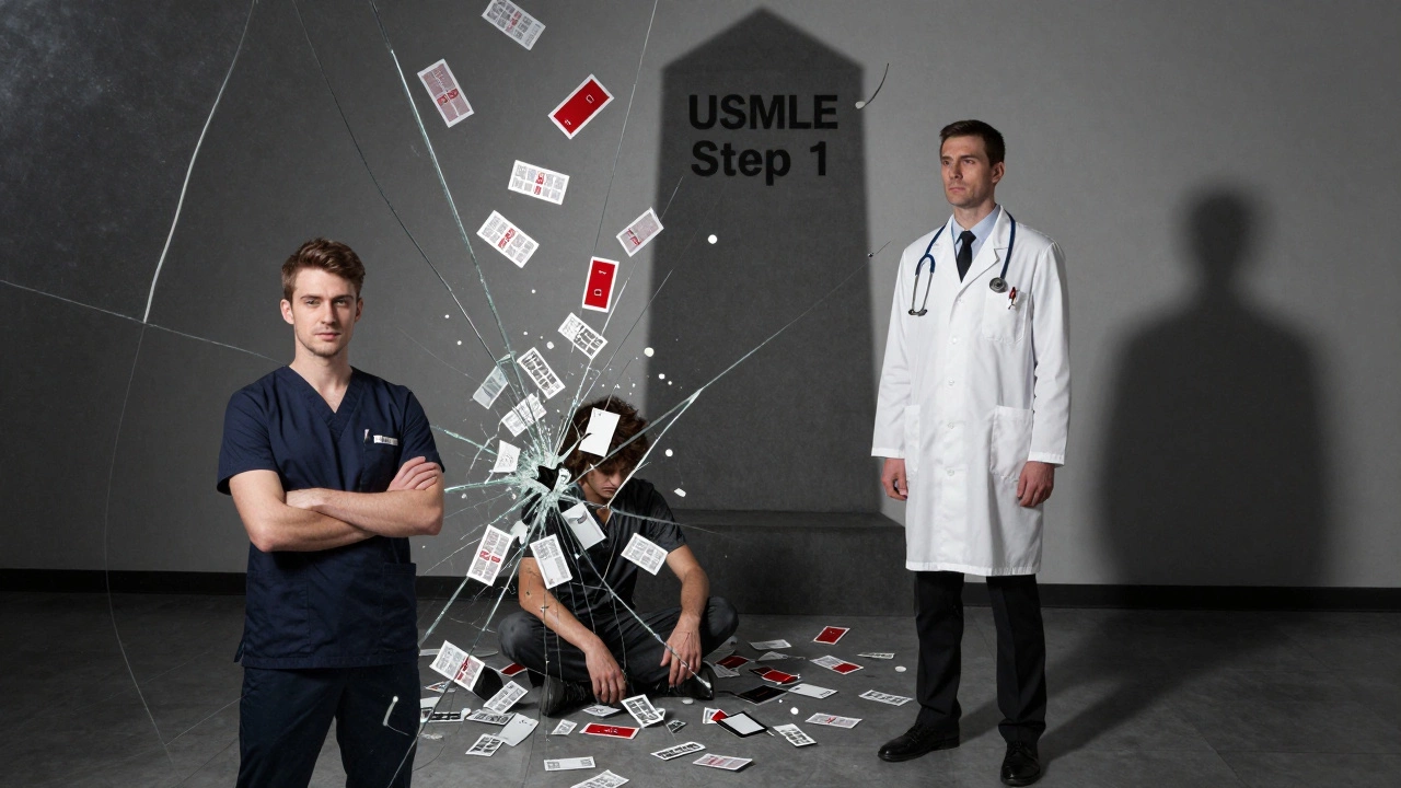 A fractured mirror showing three stages of a medical student&#039;s journey through the USMLE Step 1.
