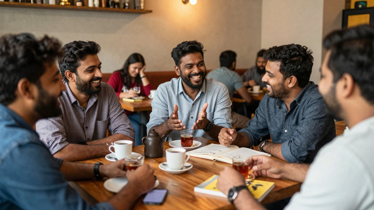 A group of people practicing English together in a cozy café.