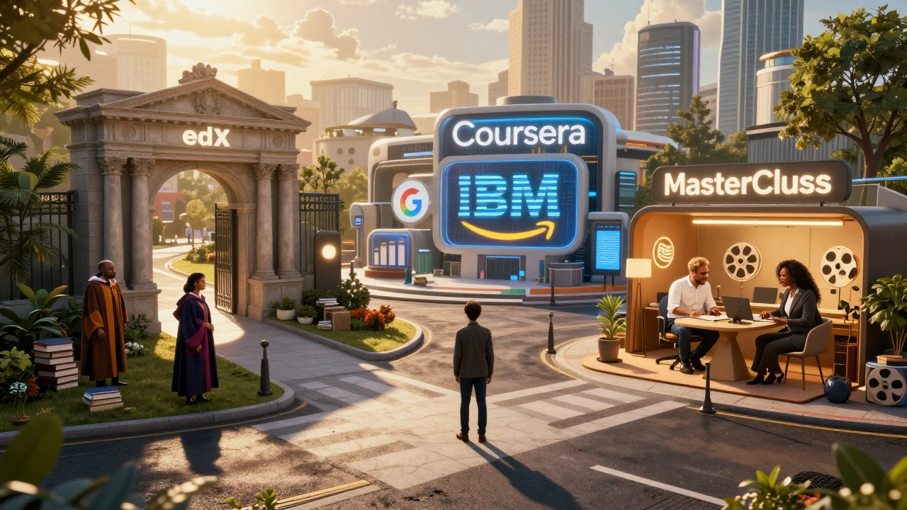 A person choosing between academic, corporate, and inspirational learning paths in a symbolic landscape.