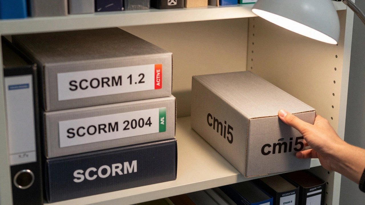 A shelf with labeled e-learning format boxes, showing SCORM 1.2 as the most prominent and active.