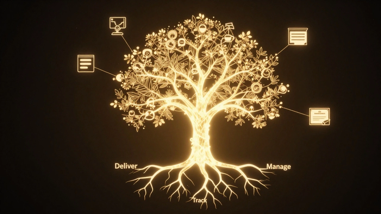 Abstract digital tree with roots labeled Deliver, Track, Manage, and branches ending in learning icons like videos and quizzes.