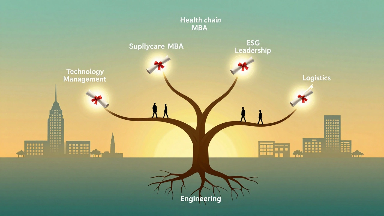 Conceptual tree with professional MBA specializations growing into diplomas and salary graphs