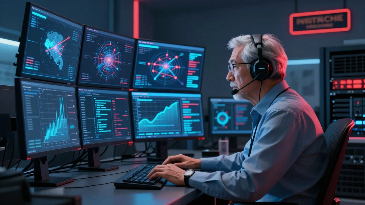 Cybersecurity specialist monitoring threat maps in a secure federal operations center.