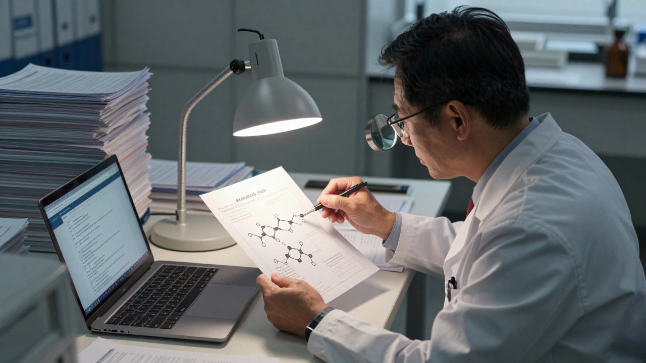 Patent examiner reviewing biotechnology diagrams with legal documents and laptop.