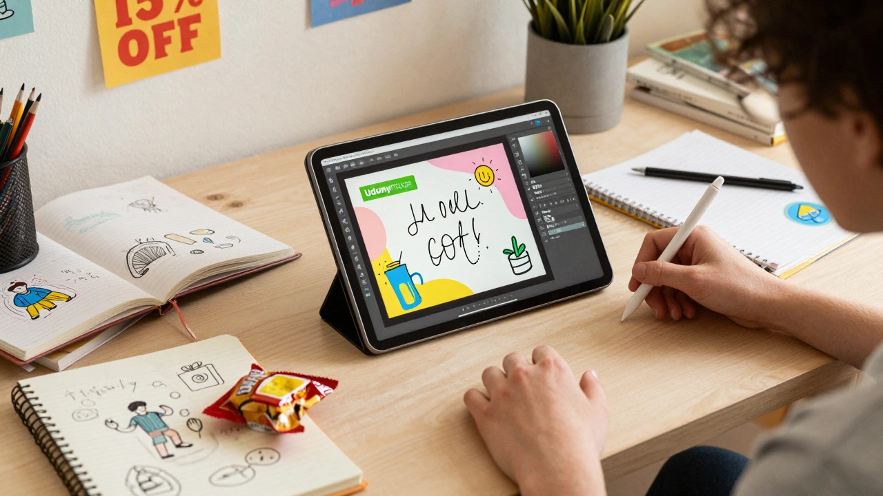 Person learning Photoshop on Udemy with sketchbooks and snacks on desk