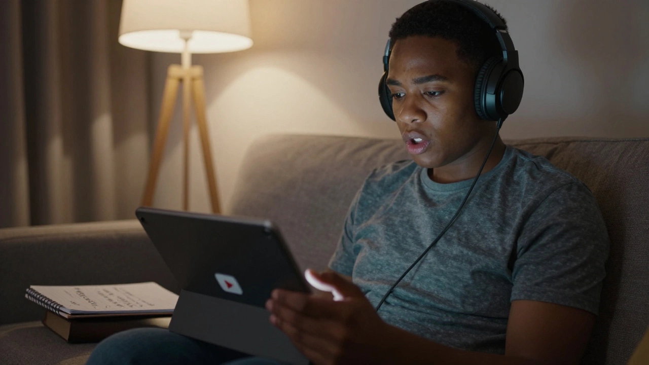 Person shadowing English audio with headphones, mimicking pronunciation on a couch.