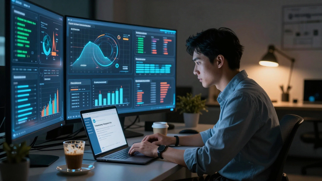 Professional working late with holographic business dashboards and offer acceptance on laptop