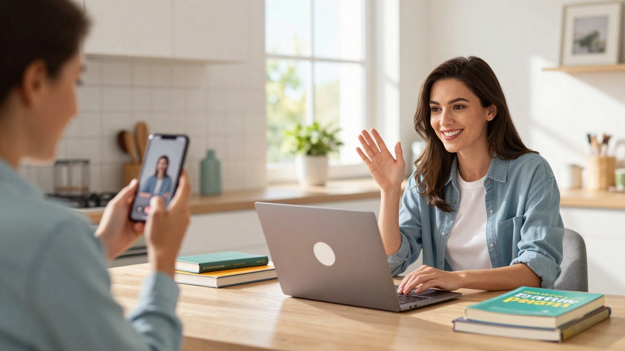 Split-screen of someone recording themselves and video chatting with a language partner at home.
