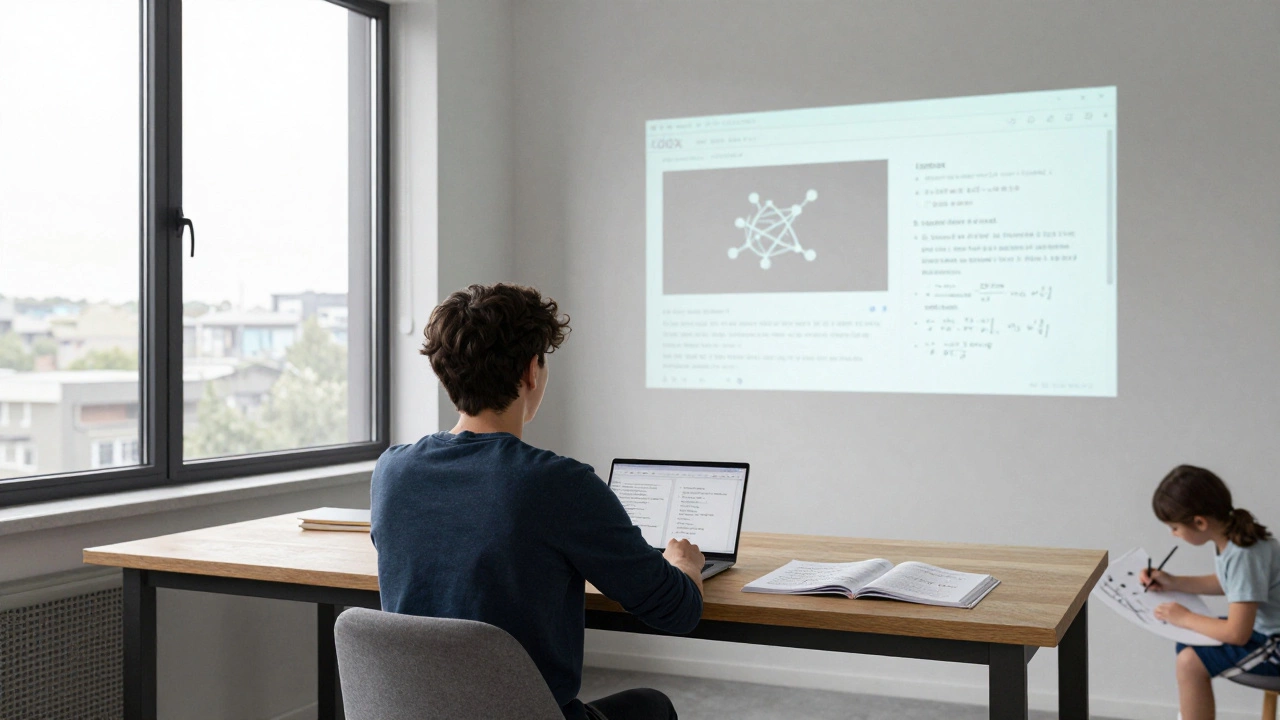 Student studying quantum computing on edX in a quiet, sunlit room