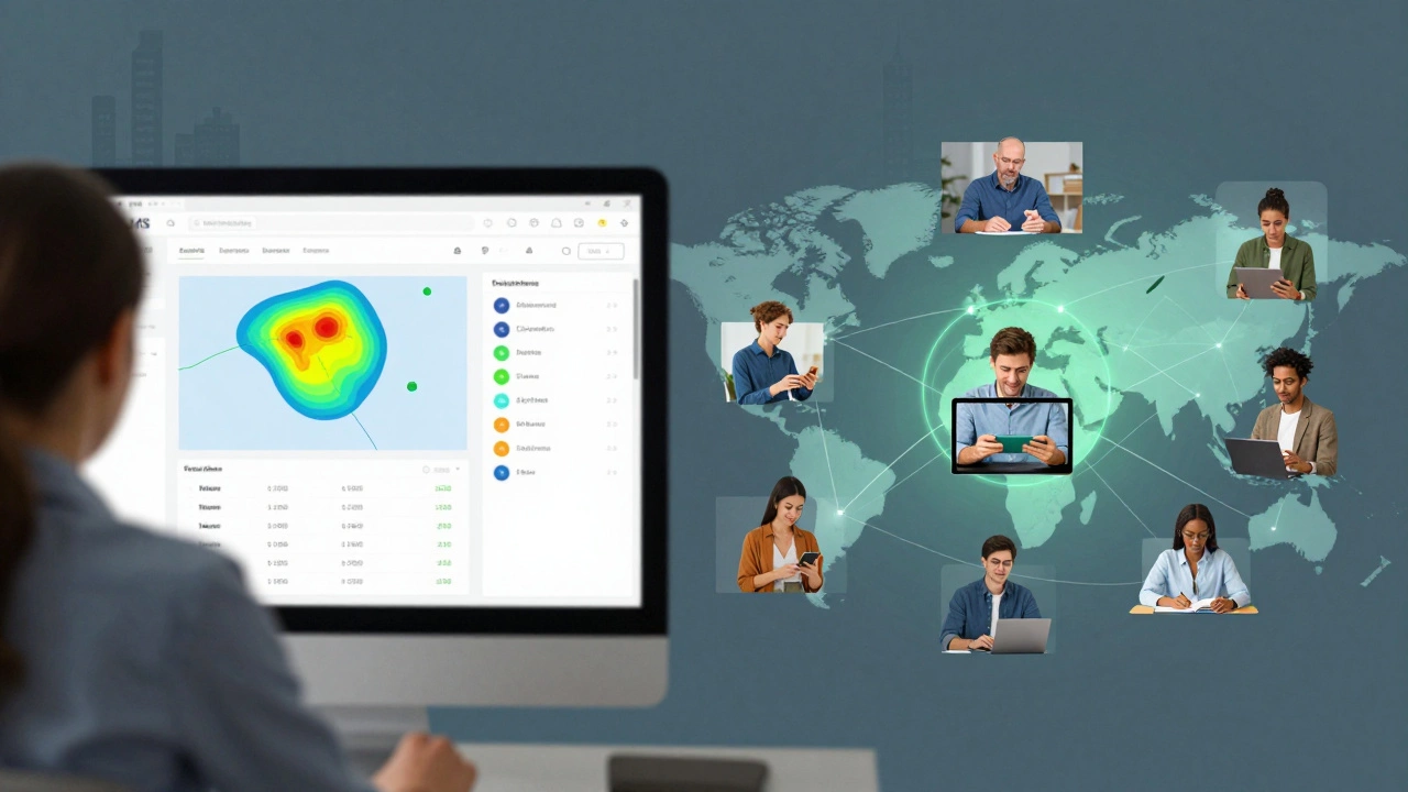 Teacher viewing student engagement data on an LMS dashboard while learners access lessons on various devices around the world.