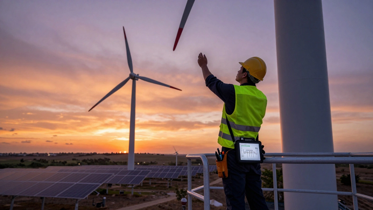Technician inspecting a wind turbine at sunset with digital schematic