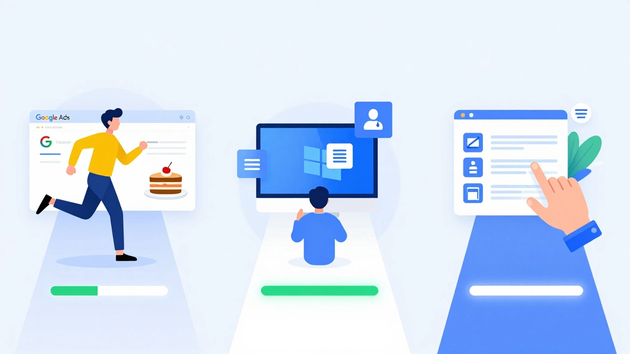 Three digital career paths shown side by side: marketing, IT support, and data entry.