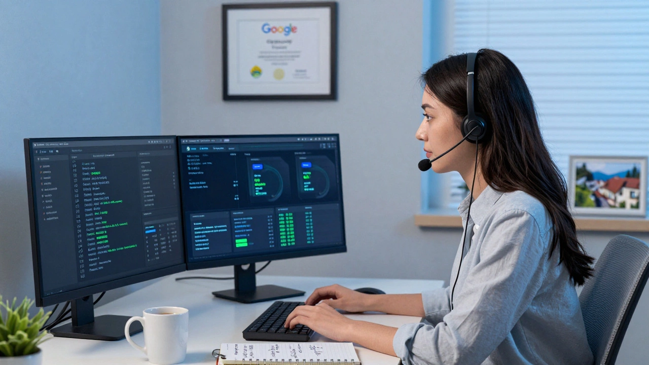 Woman monitoring cybersecurity dashboards from her home office