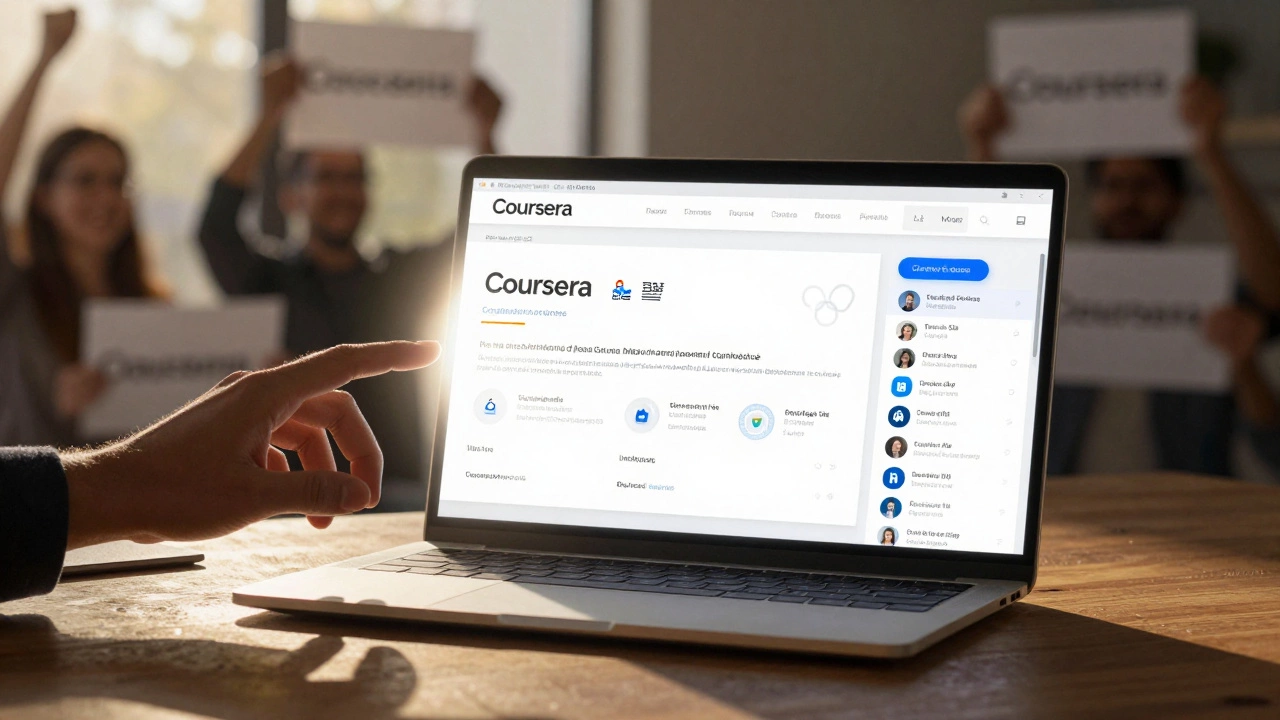 A blockchain-verified course certificate glowing above a laptop with tech company logos.