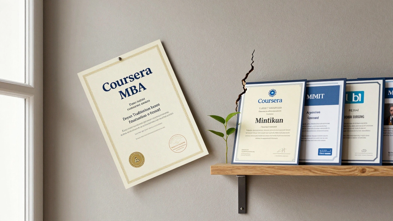 A cracked MBA diploma next to online certificates and a growing plant, symbolizing alternative paths to success.