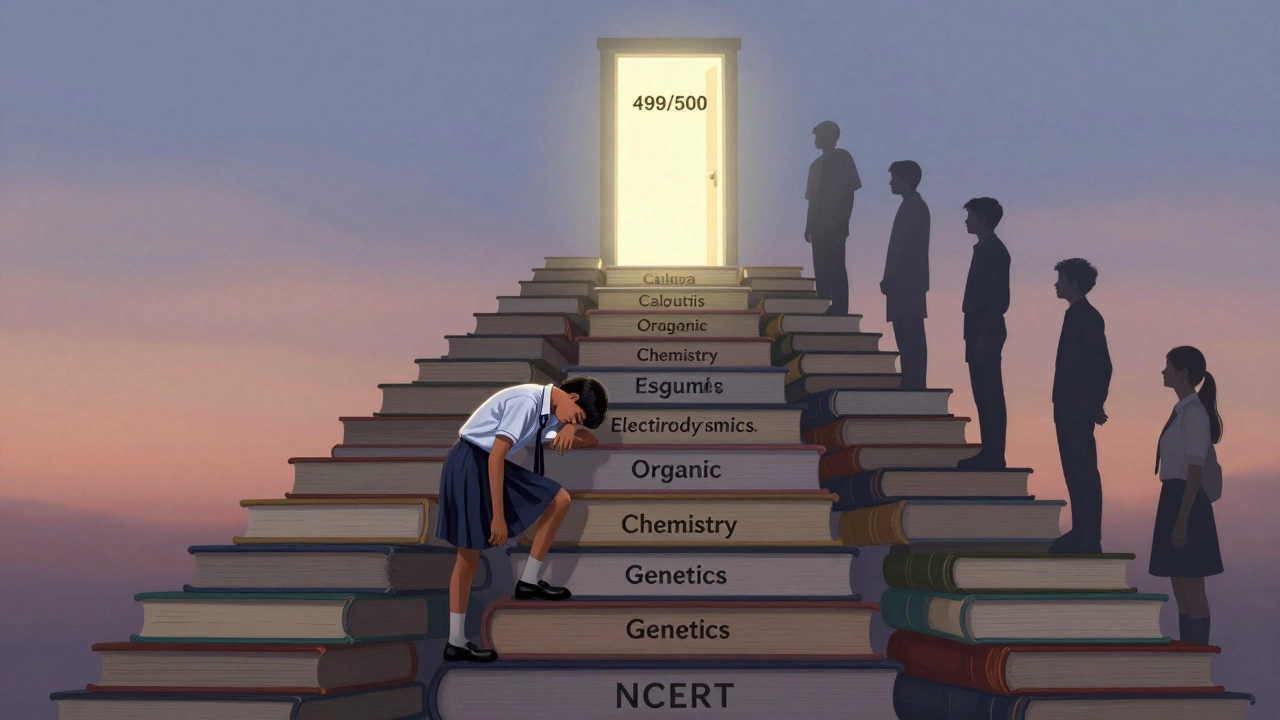 A staircase of books leading to a glowing 499/500 score, representing disciplined learning over time.