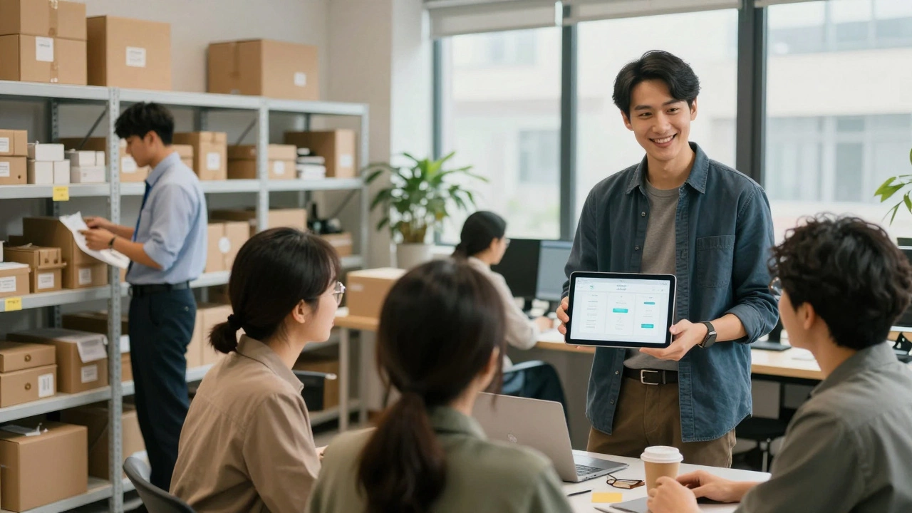 Before and after: retail worker transformed into junior developer presenting an app to a small team.