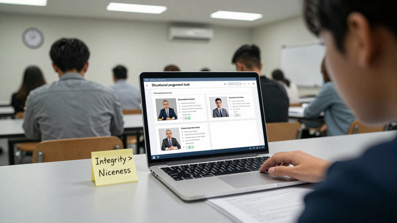 Candidate taking a timed civil service situational judgement test in a quiet exam room