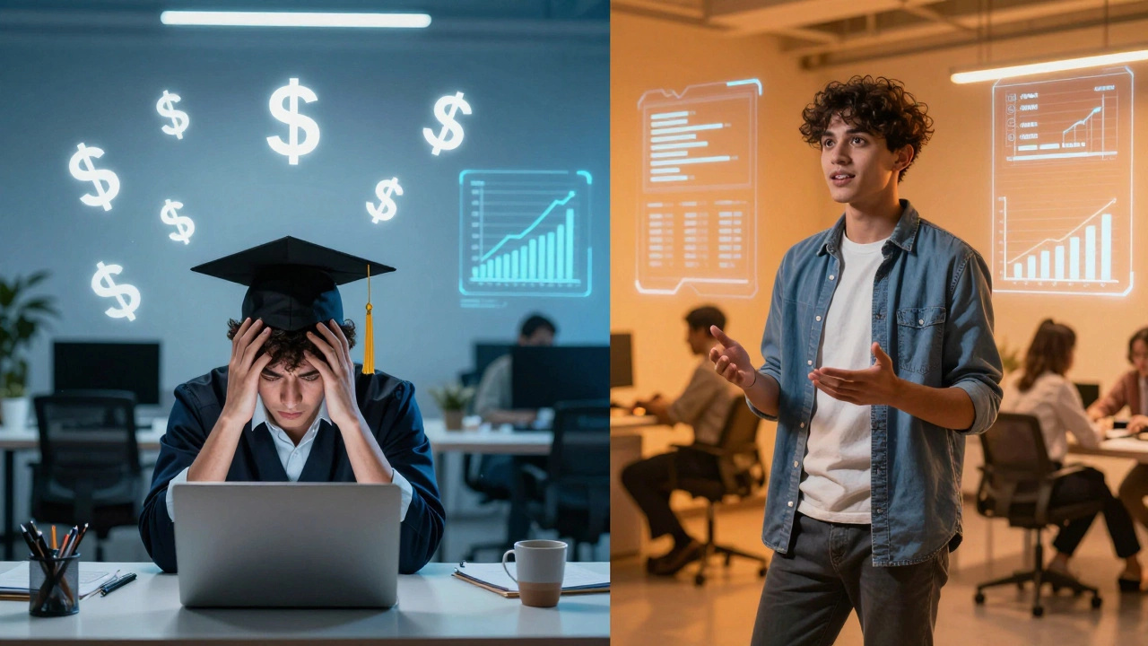 Contrasting scenes: a stressed MBA grad in an office versus a confident entrepreneur presenting to investors.
