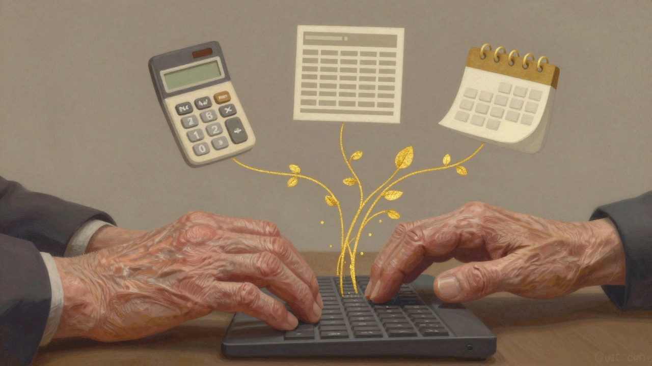 Elder hands typing code that grows into symbols of automation and personal progress, golden threads rising.
