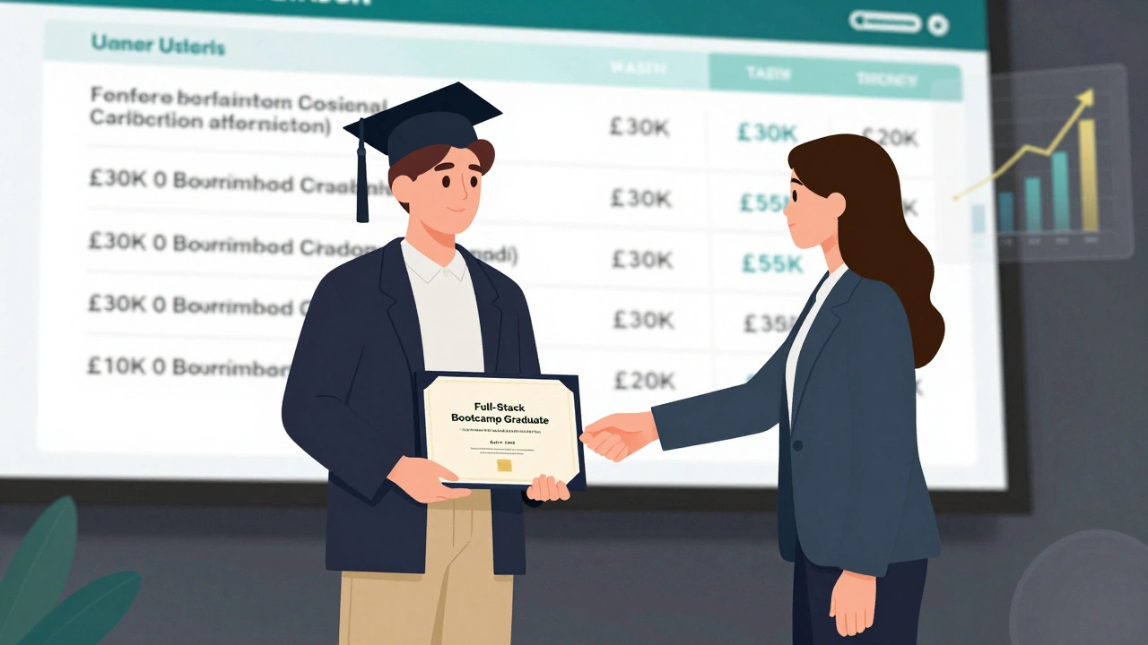 Graduate receiving bootcamp certificate with job offers displayed digitally