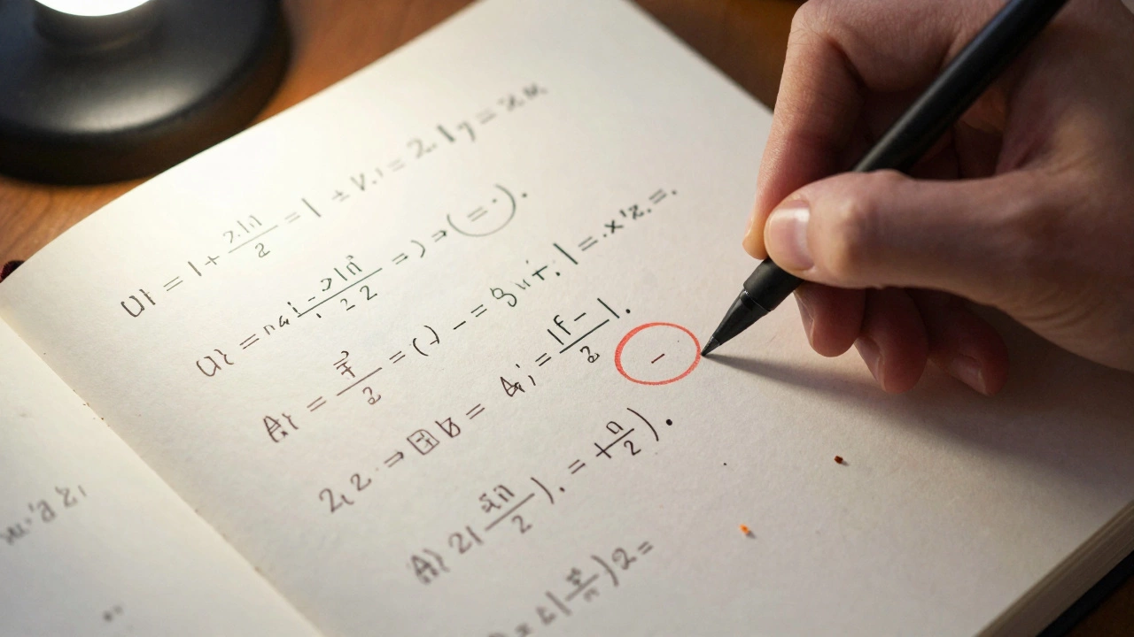 Hand writing a detailed calculus solution with a critical error circled in red.