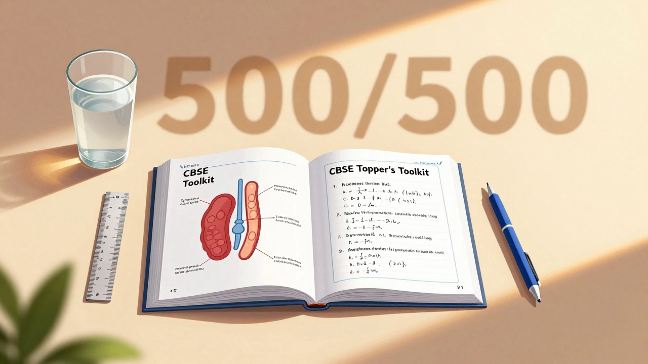 Minimalist still life of NCERT textbook, flashcards, pen, and water on a desk, symbolizing smart study habits.