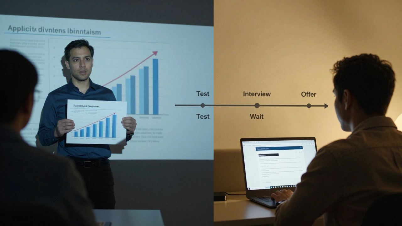 Split image showing rejection and interview success, illustrating persistence in government hiring process