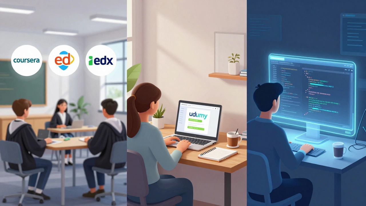 Three learning environments: university, home office, and AI tutor interface.