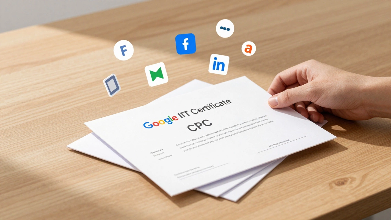 A certification certificate placed on job applications with digital tool icons floating nearby.