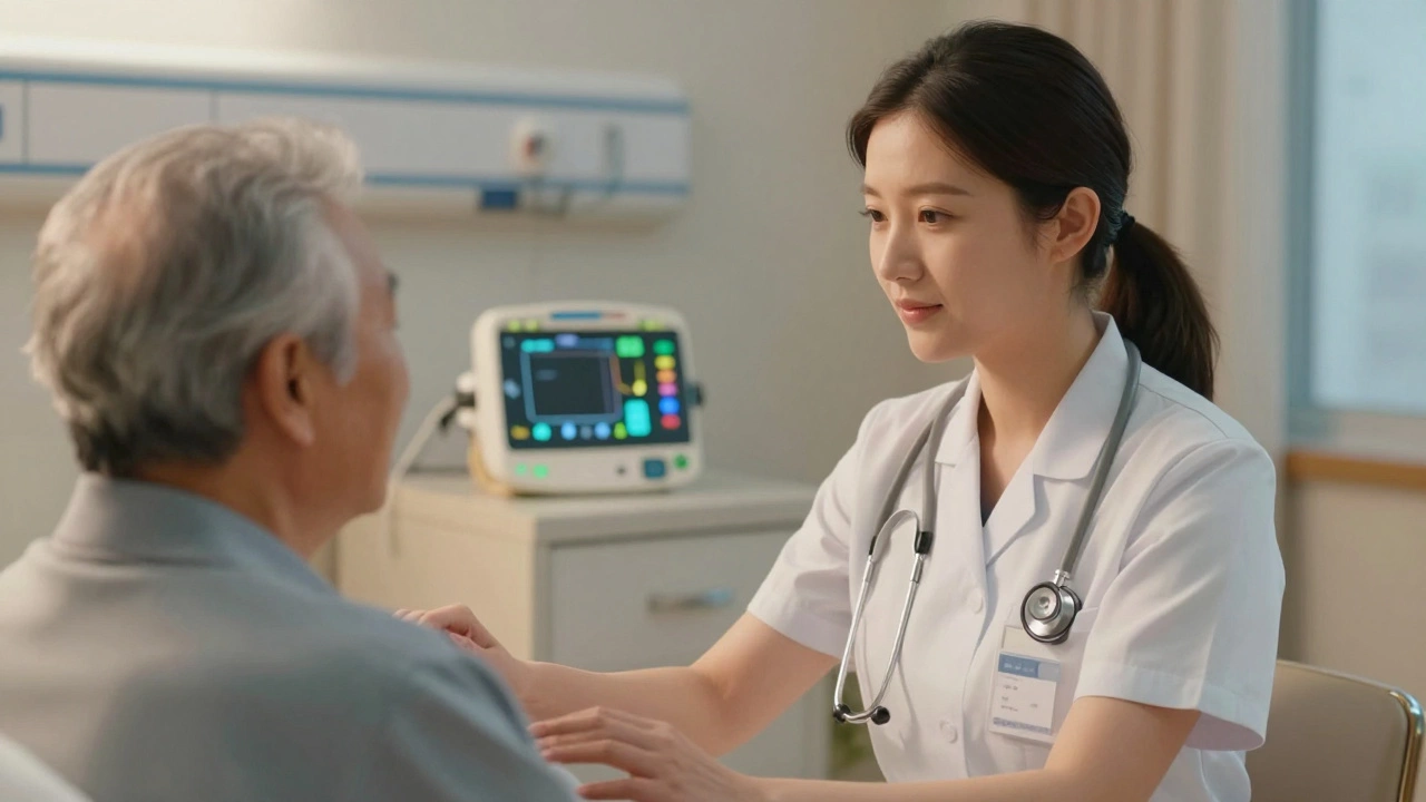 A CNA assisting an elderly patient in a hospital room with a stethoscope.