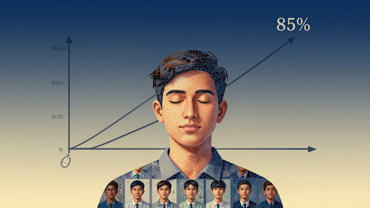 A mosaic of student portraits forming a calm central face, with symbols of physics, chemistry, and math rising in a synchronized graph behind them.