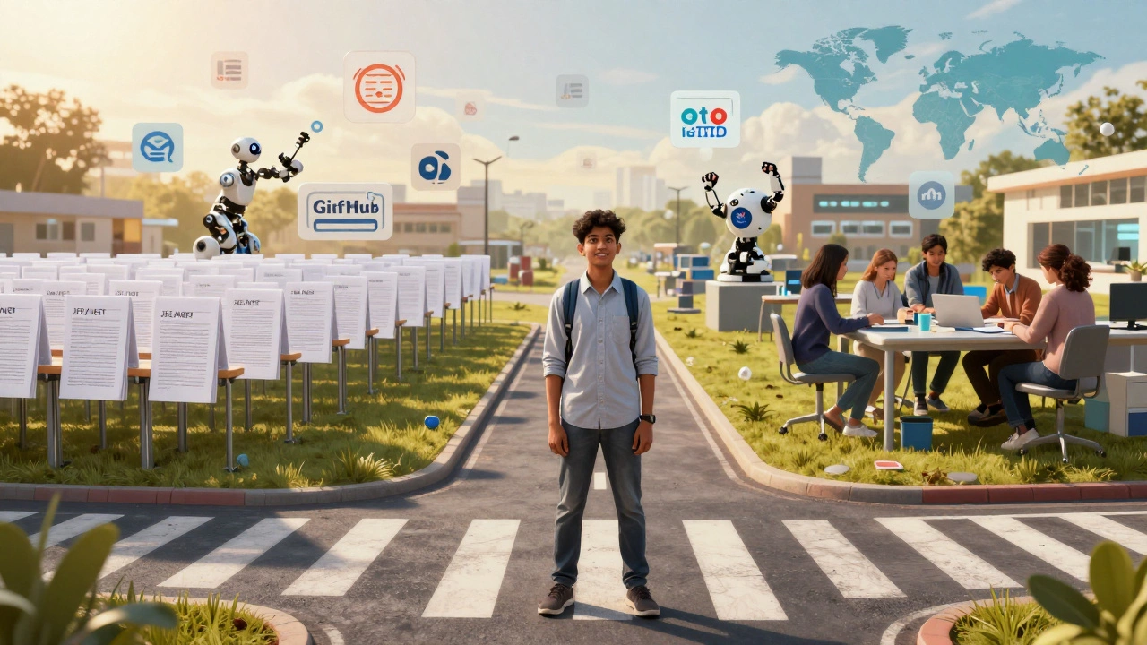 A student choosing between rigid exam-focused path and a vibrant global education path with tech and diversity.