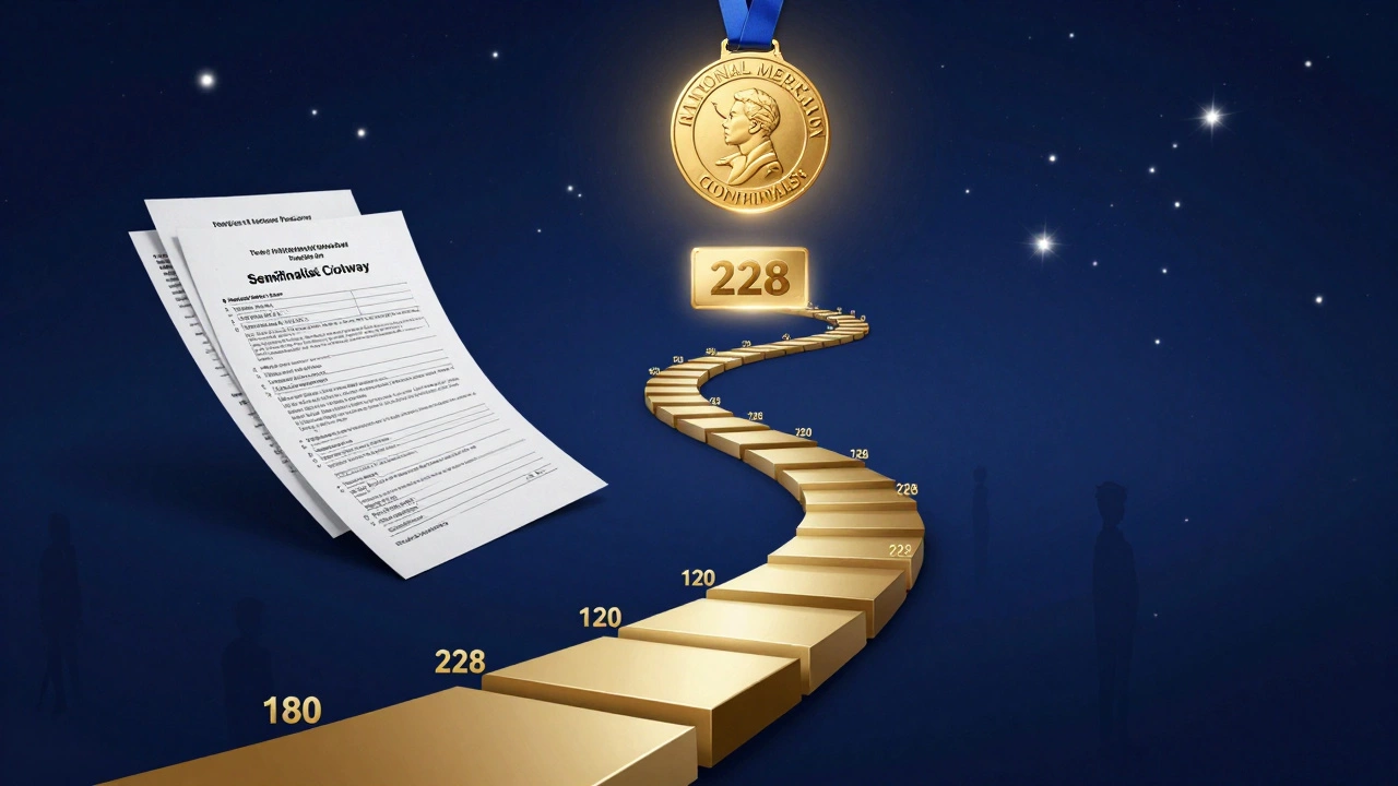 An abstract path of numbered scores leading to a scholarship medal, representing state-specific cutoffs for National Merit qualification.