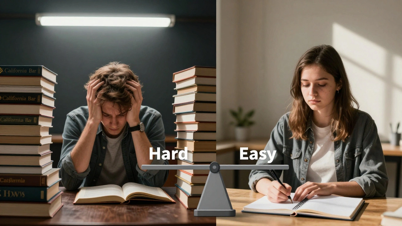 Contrasting scenes of overwhelming California bar prep versus calm Iowa preparation with sunlight and minimal materials.