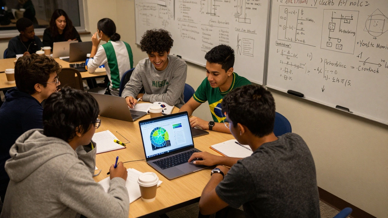 Diverse international students collaborating on a data project in a university dorm at night.