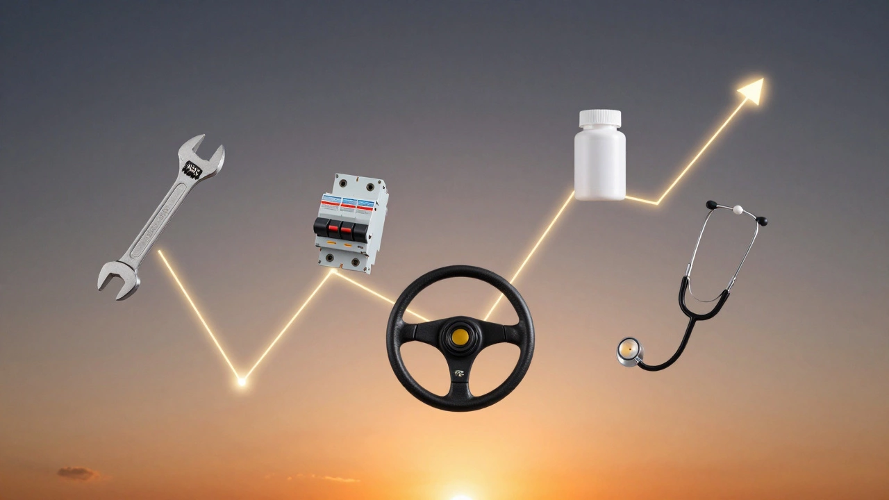 Five trade tools floating in mid-air connected by glowing threads, symbolizing career paths.