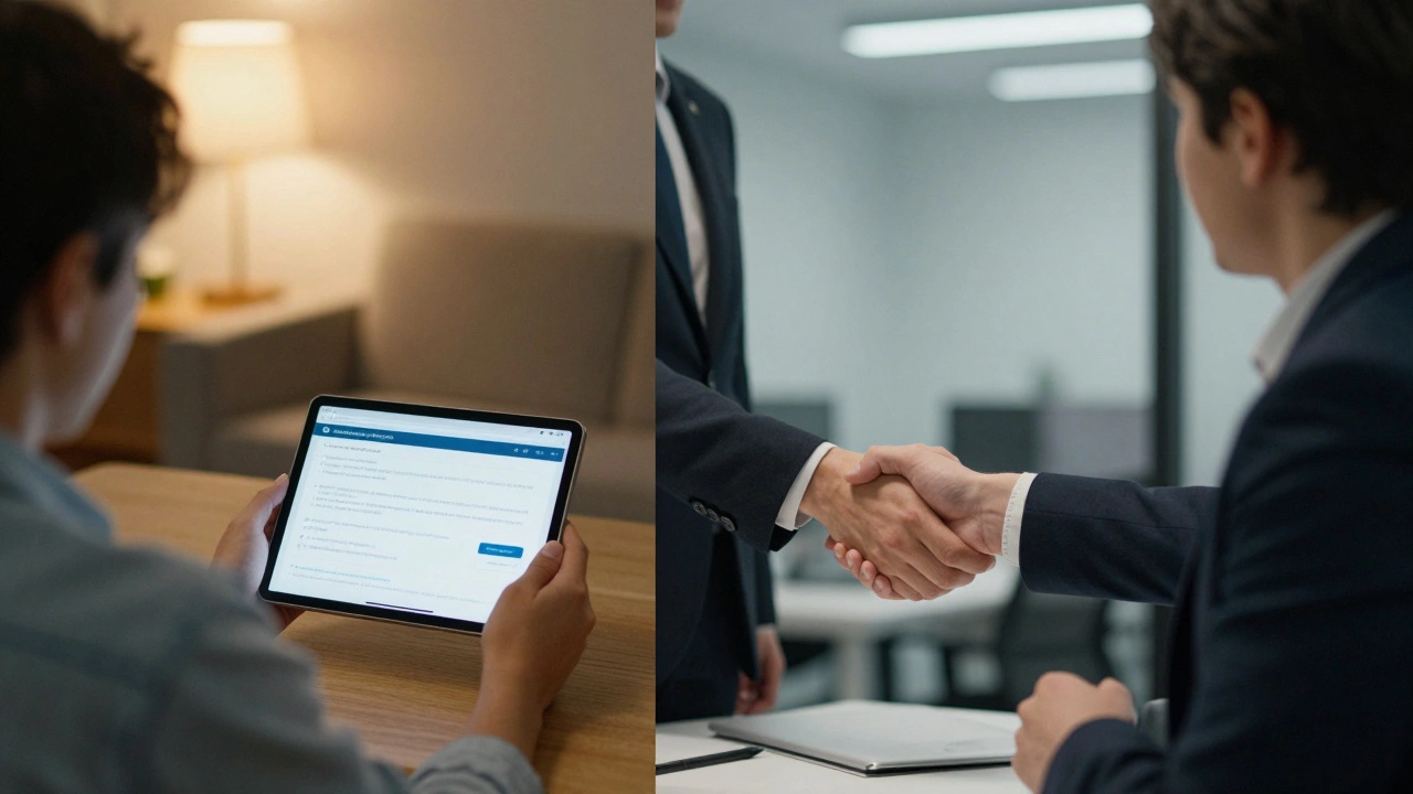 Split scene: someone studying online transitions into a professional office handshake.