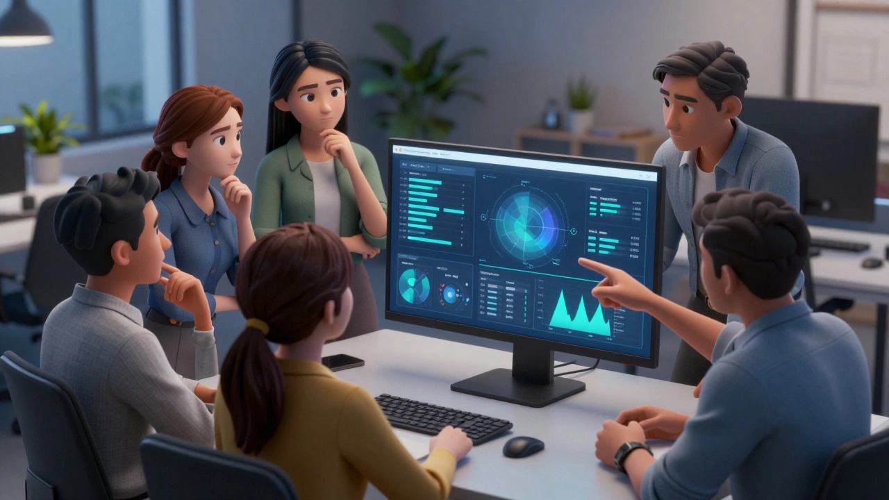 Team analyzing beta test feedback for eLearning platform.