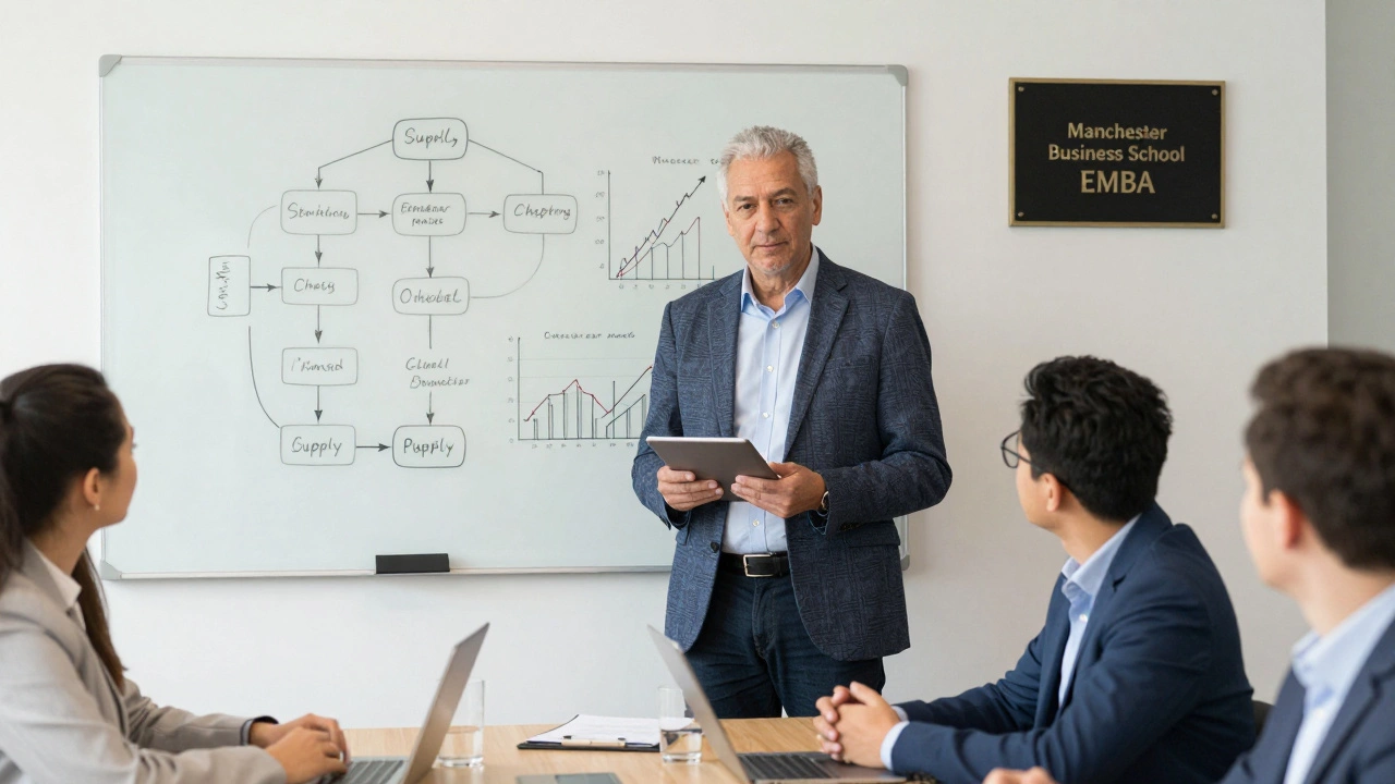 A man in his 50s presenting a business model to a team, whiteboard with financial diagrams behind him.