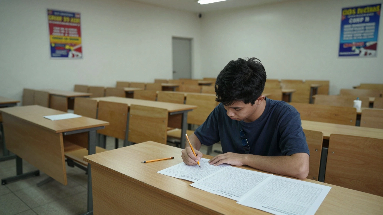 A single candidate takes an exam in a quiet government hall with only pencils and answer sheets on desks.