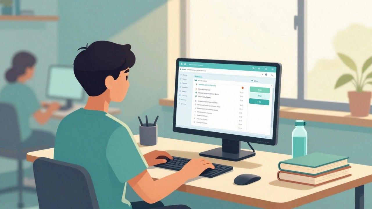 A student in Hyderabad using a digital AI dashboard to analyze study weaknesses, with clean surroundings and sunlight streaming through windows.