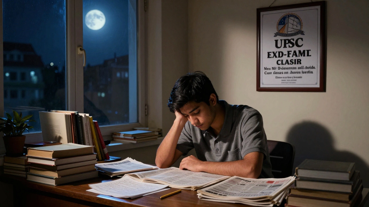 A young UPSC aspirant studying late at night surrounded by books and notes under moonlight.