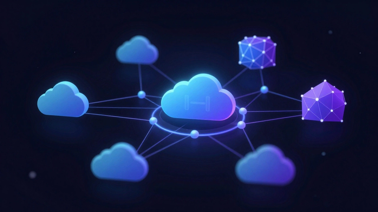 Abstract visualization of cloud computing and AI coding assistance.