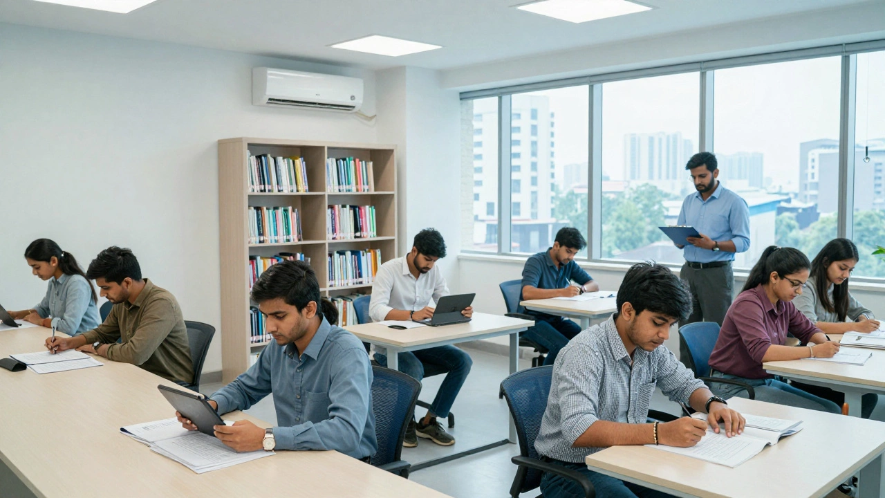 Diverse students in a modern Delhi coaching center studying with books and tablets, surrounded by library shelves and natural light from large windows.